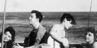 Joao Gilberto and Antonio Carlos Jobim with a pair of French actresses., Ipanema beach , RIo de Janeiro