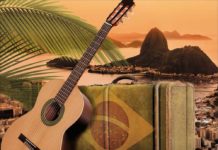 5 Not-To-Be-Missed Summer-Stretching Concerts Album cover art for 'Lovely Jazz Bossa Nova', depicting acoutstic guitar and Brazilian flag suitcase with Sugarloaf mountain the the backgorund