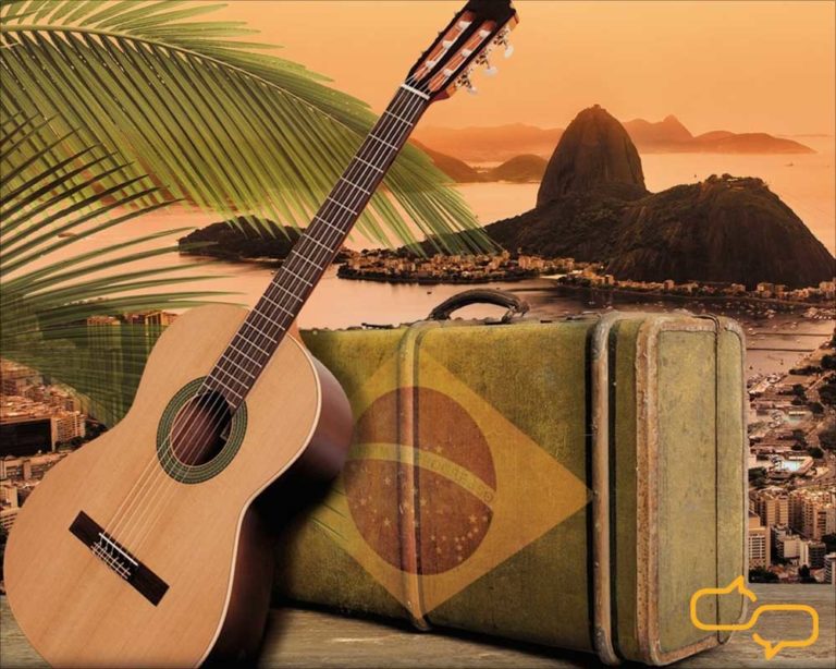 Album cover art for 'Lovely Jazz Bossa Nova', depicting acoutstic guitar and Brazilian flag suitcase with Sugarloaf mountain the the backgorund
