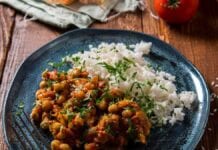 plate of Brazilian rice beans on wood table