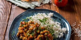 plate of Brazilian rice beans on wood table