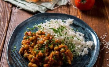 plate of Brazilian rice beans on wood table