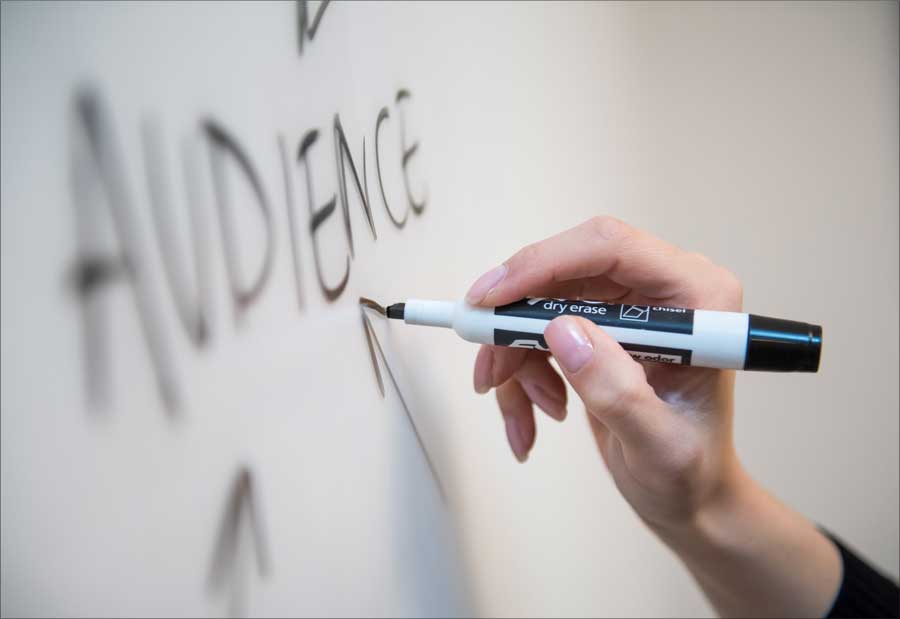 human hand with marker pen writing the owrd audience