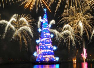 The History of Rio’s Floating Christmas Tree Rio de Janeiro's floating Chritsmas trees with fireworks at night