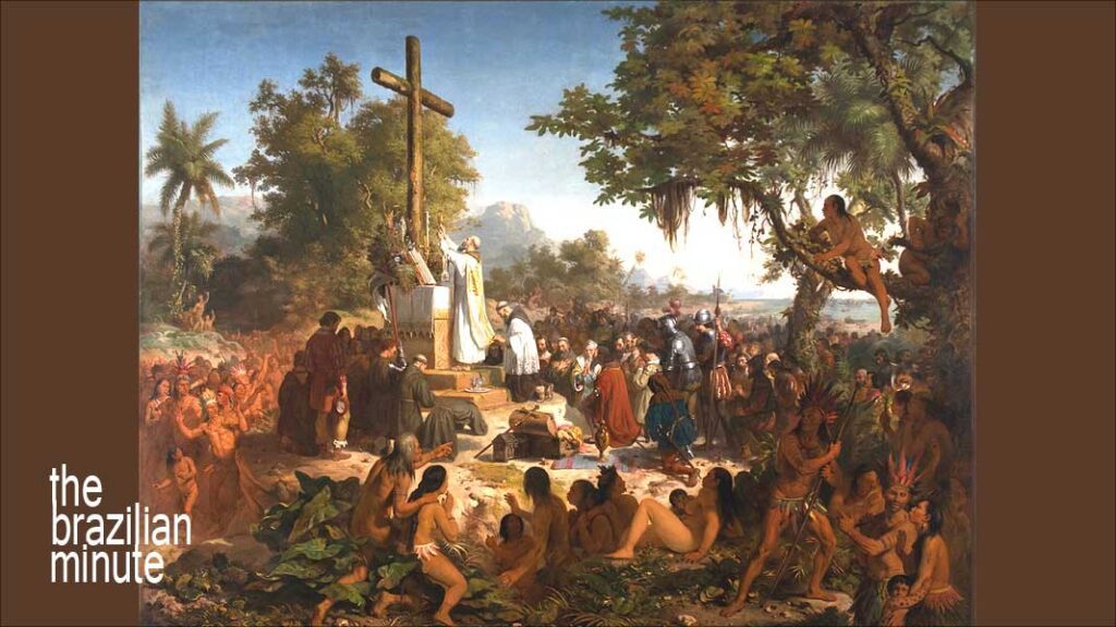 Brazil's Discovery Day. The first mass n the New World. Saliors and Ingigenous people gather near a wooden cross.
