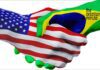 The USA's friendship with Brazil: Hands painted with the US and Brazilian flags