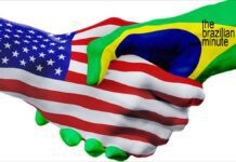 The USA's friendship with Brazil: Hands painted with the US and Brazilian flags