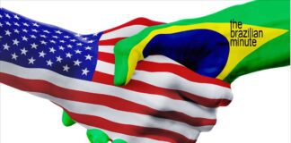 The USA's friendship with Brazil: Hands painted with the US and Brazilian flags