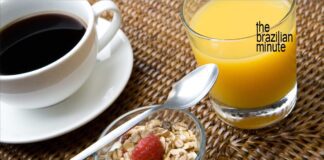 Brazil and your Breakfast. A white cup of black coffee and a glass of orange juice symbolize Brazil as the world leader in both.