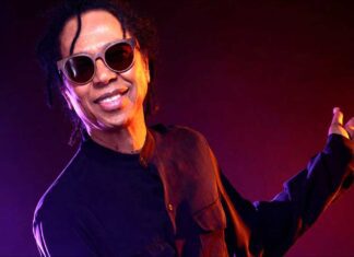 January's Brazilian Music Birthdays. Singer Djavan poses in dark long slves shirt and sunglasses.