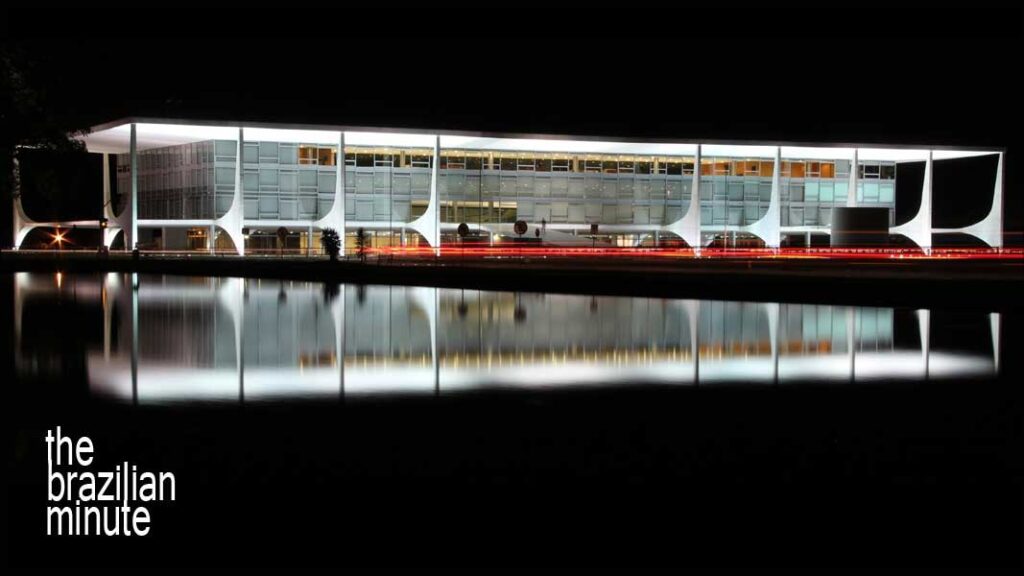 Understanding Brazilian Architect Oscar Niemeyer: Palacio do Planalto in Brasilia, illuminated at night near a reflecting  pool.