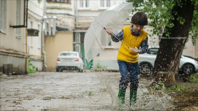 The Waters of March 50th Anniversary. A Young boy plays in a rain puddle while holing a small umbrella.